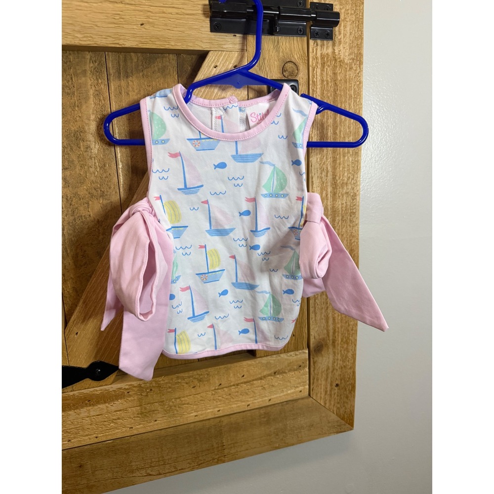 Stitchy Fish Baby Girl Sailboat Print Side Tie Bow Top Pink White 9M